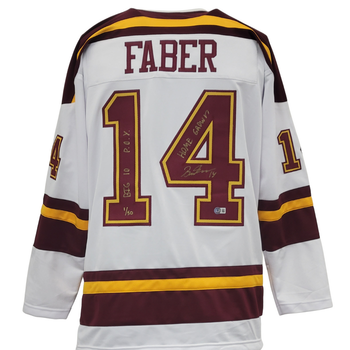 Brock Faber LE (50) Signed Custom White College Hockey Jersey w/ Multiple Inscriptions