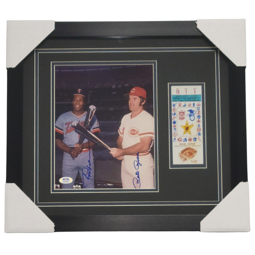 Rod Carew & Pete Rose Signed & Professionally Framed 8x10 Photo w/ Replica Ticket
