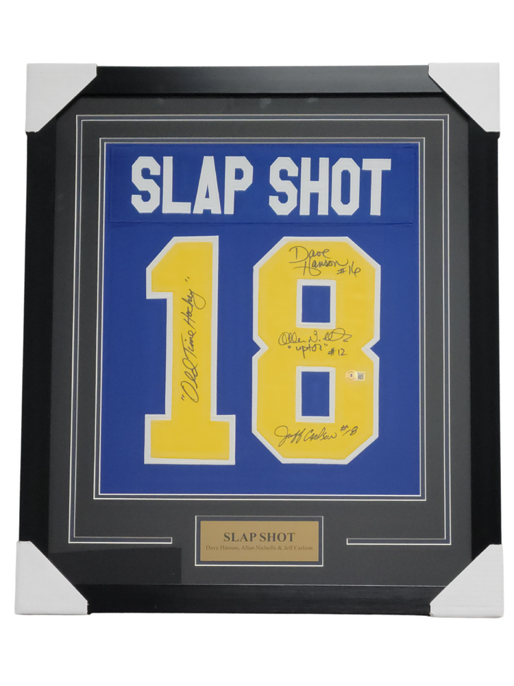 Slap Shot Cast Signed & Professionally Framed Custom Jersey Shadow Box Display w/ 'Old Time Hockey'