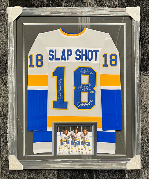 Slap Shot Cast Signed & Professionally Framed Custom White Jersey