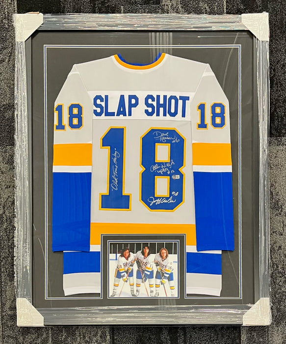 Slap Shot Cast Signed & Professionally Framed Custom White Jersey